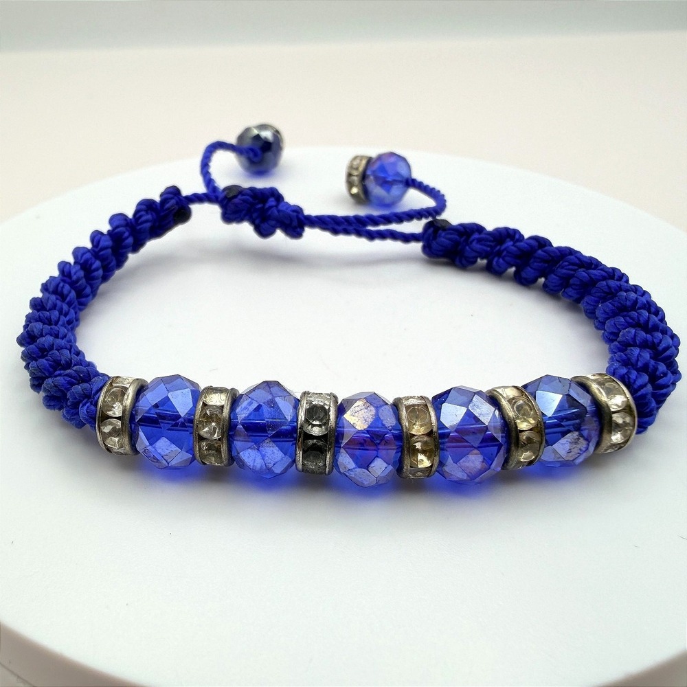 Vintage 90s Blue Beaded Rhinestone Macrame Bracelet 2 Pics Silver Tone‎ Jewelry